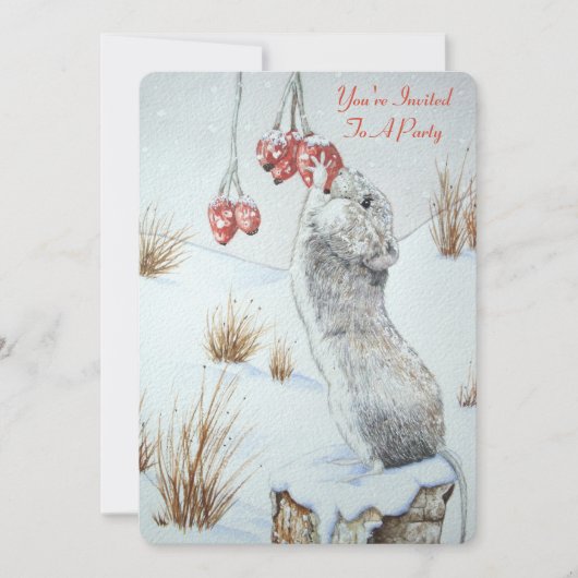 Schattigee muis en rode bessen sneeuwscène kerst kaart (Voorkant)