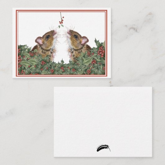 Schattigee muis, hulst en maretak cadeau-label/Fla Notitiekaartje (Voorkant / Achterkant)