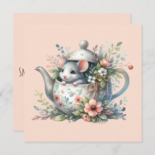 Schattigee muis in bloementheepot illustratie feestdagenkaart (Voorkant / Achterkant)