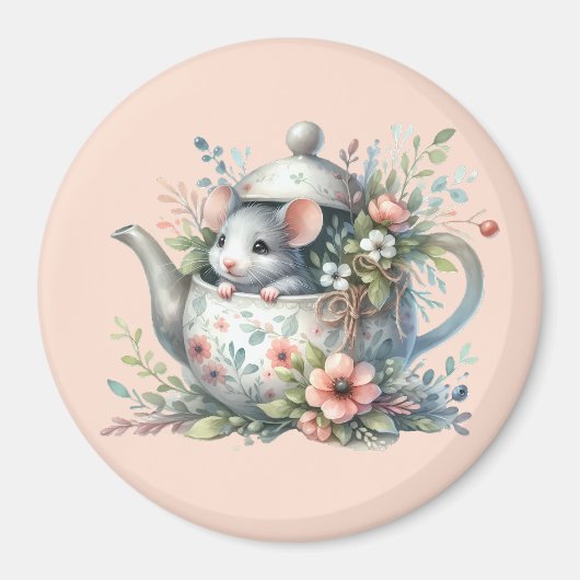 Schattigee muis in bloementheepot illustratie magneet (Voorkant)