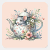Schattigee muis in bloementheepot illustratie vierkante sticker (Voorkant)