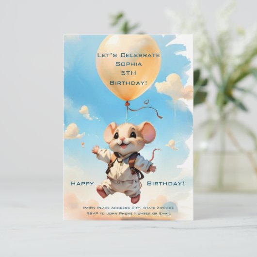 Schattigee muis met ballon Happy Inviting voor fee Kaart (Staand voorkant)