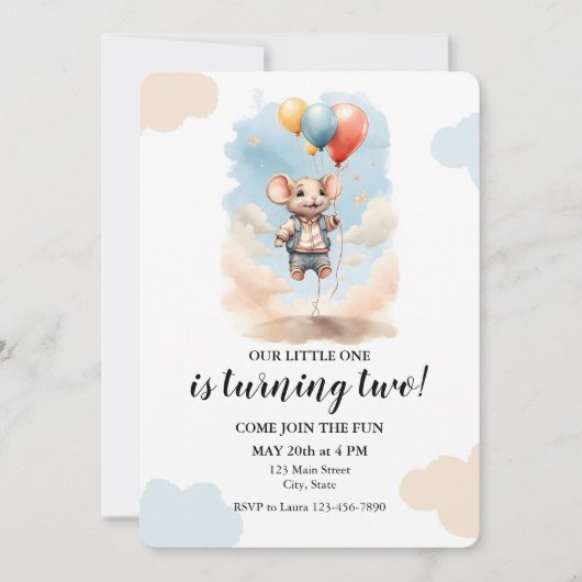 Schattigee muis met ballonnen verjaardagsfeestje kaart (Voorkant)