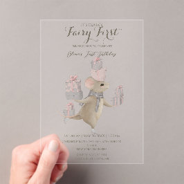 Schattigee muis met cadeautjes 1 jaar acryl uitnodigingen