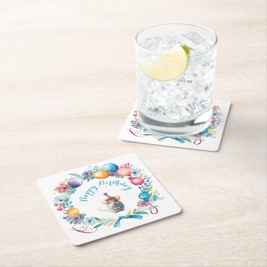 Schattigee muis met een party Pet Kartonnen Onderzetters (Insitu)