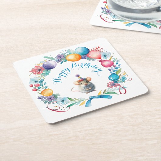 Schattigee muis met een party Pet Kartonnen Onderzetters (Schuin)