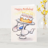 Schattigee muis met grote taart, Happy Birthday! Kaart (Gele Bloem)