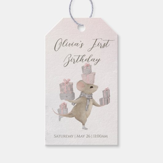 Schattigee muis met kerstcadeautjes cadeaulabel (Voorkant)
