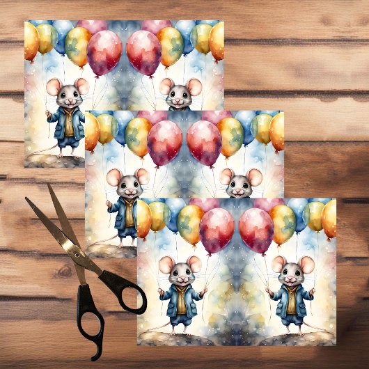 Schattigee muis met kleurrijke ballonnen, op maat tissuepapier