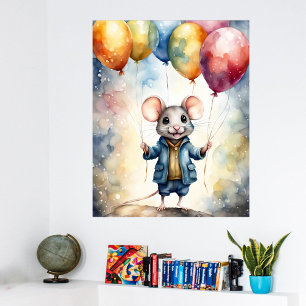 Schattigee muis met kleurrijke ballonnen, poster