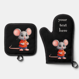 Schattigee muis personaliseer wijzigingstekst, naa ovenwant & pannenlap set