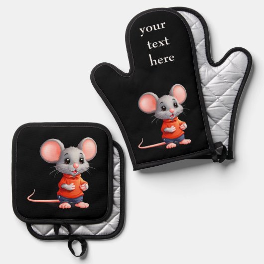 Schattigee muis personaliseer wijzigingstekst, naa ovenwant & pannenlap set (Voorkant / Achterkant)