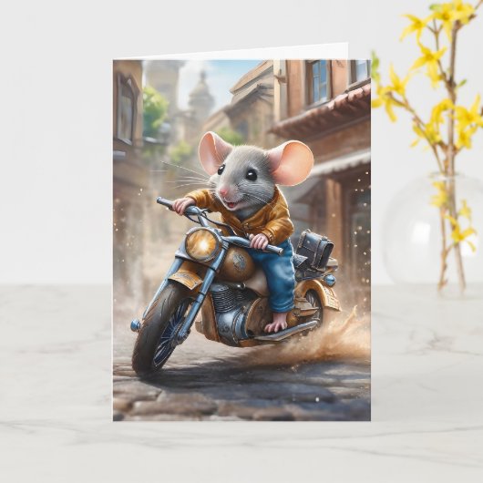 Schattigee Muis Rijden een Motorfiets Blank Groet Kaart (Gele Bloem)