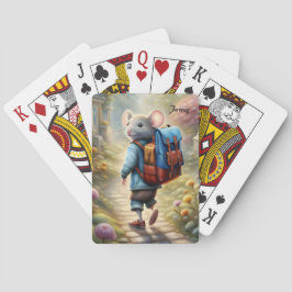 Schattigee muisjongen op weg naar school, geperson pokerkaarten