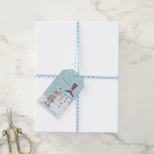 Schattigee Muizen en Sneeuwman Vrolijk kerstfeest Cadeaulabel (Met Touw)