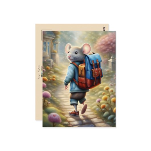 Schattigee muizenjongen op weg naar school, gewoon briefkaart (Voorkant / Achterkant in situ)