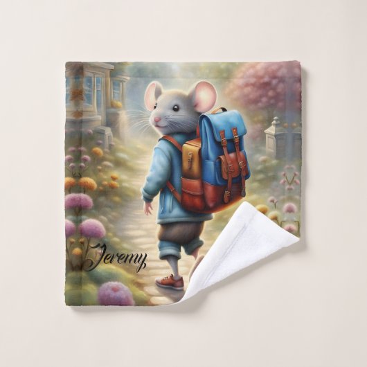 Schattigee muizenjongen op weg naar school, washandje (Wasdoekje)