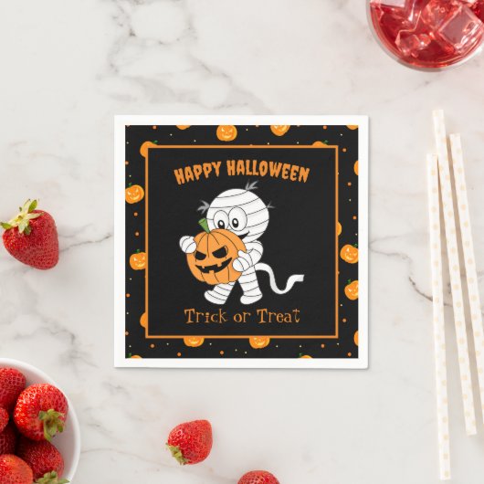 Schattigee mummie lopen met Halloween pompoen part Servet (Insitu)