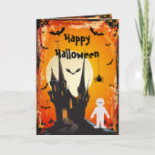Schattigee Mummy, Bats & Castle Halloween Kaart (Voorkant)