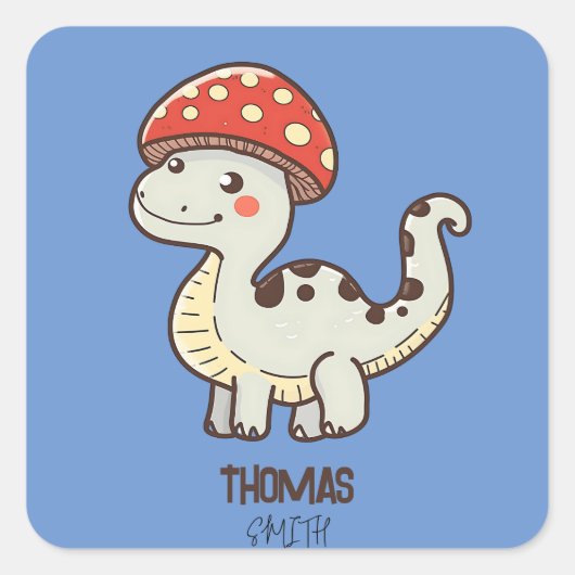 Schattigee Mushroom Dino met Kinder naam Vierkante Sticker (Voorkant)