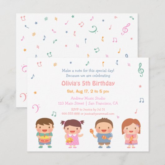 Schattigee muziek thema Kids verjaardagsfeestje ui Kaart (Voorkant / Achterkant)