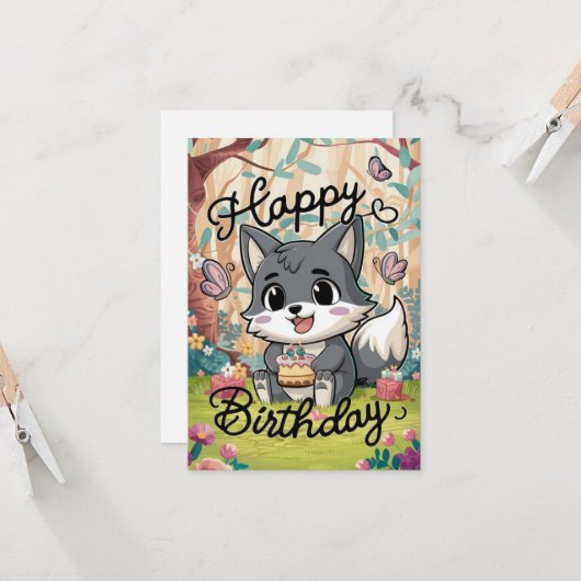 Schattigee Mystieke Wolf Digitale Verjaardag Kaart (Voorkant / Achterkant in situ)