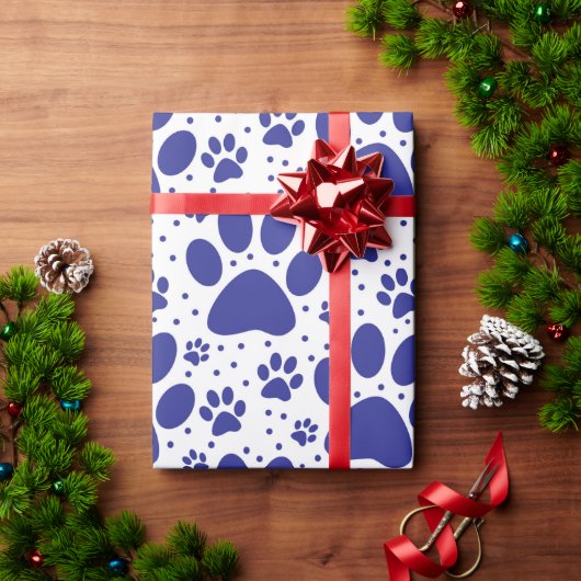 Schattigee naadloze Blue Paw Print Vakantie Cadeaupapier (Feestdagen Geschenken)