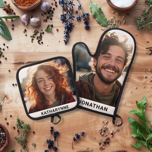 Schattigee naam en gepersonaliseerde foto ovenwant & pannenlap set