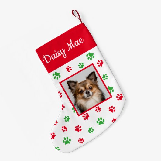 Schattigee Naam Hond Foto Rood en Groene Poot Prin Kleine Kerstsok (Achterkant (Hangend))