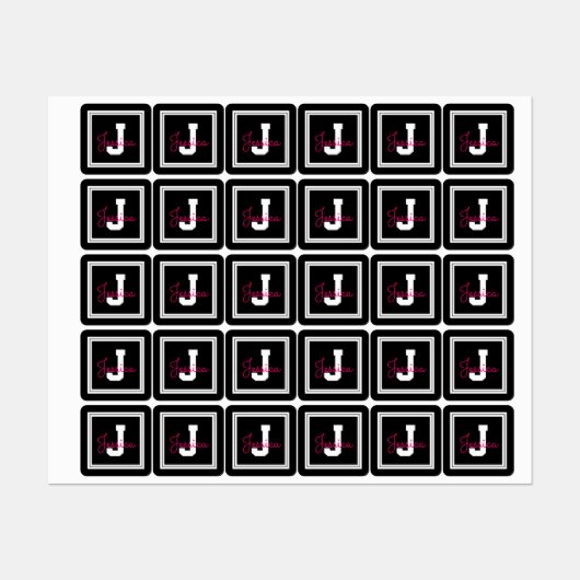 Schattigee naam & Monogram | Zwarte witte & roze k Labels (Vel)