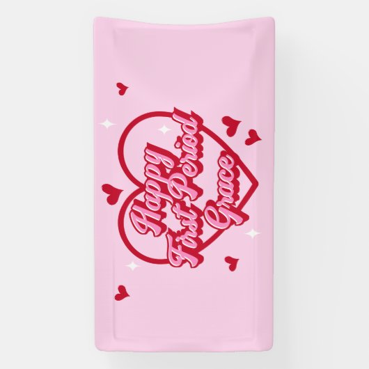 Schattigee naam Pink Retro Heart Happy First Perio Spandoek (Verticaal)