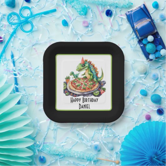 Schattigee naam toevoegen Pizza Dinosaurus Party Papieren Bordje (Feest)