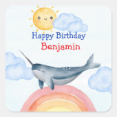 Schattigee narwal vis eenhoorn Verjaardagsfeest Vierkante Sticker (Voorkant)