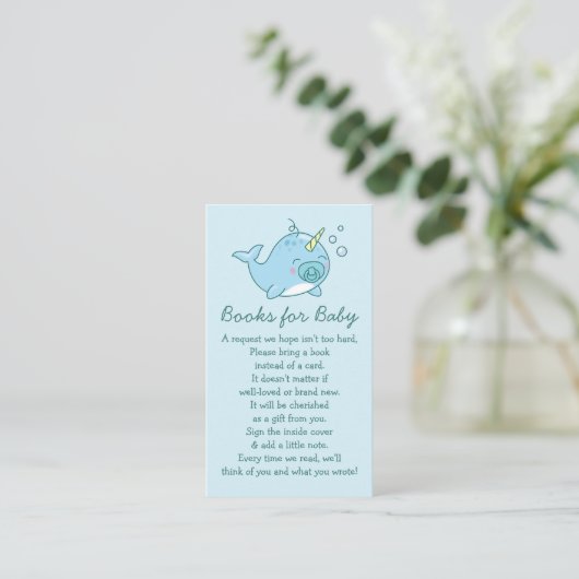 Schattigee Narwhal Baby shower Blue Boy Boeken voo Informatiekaartje (Staand voorkant)