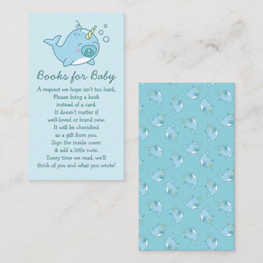 Schattigee Narwhal Baby shower Blue Boy Boeken voo Informatiekaartje (Voorkant / Achterkant)
