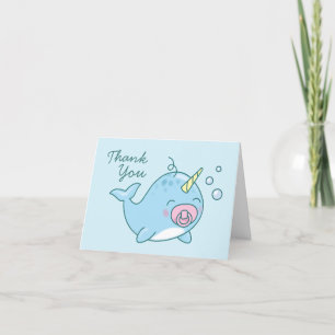 Schattigee Narwhal Baby shower Dank u roze meisje Bedankkaart