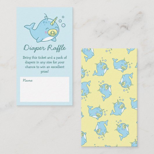 Schattigee Narwhal Baby shower Kawaii Luier Raffle Informatiekaartje (Voorkant / Achterkant)