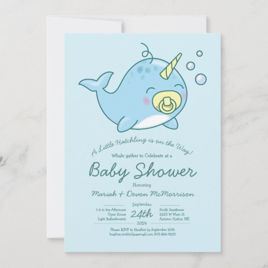 Schattigee Narwhal Baby shower Kawaii Uitnodiging (Voorkant)
