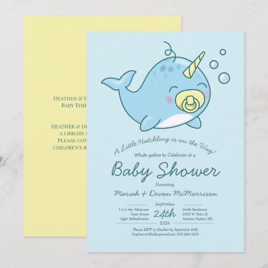 Schattigee Narwhal Baby shower Kawaii Uitnodiging (Voorkant / Achterkant)