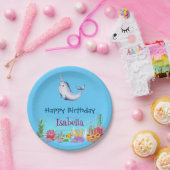 Schattigee Narwhal Fish Eenhoorn Whale zee Verjaar Papieren Bordje (Feest)