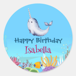 Schattigee Narwhal Fish Eenhoorn Whale zee Verjaar Ronde Sticker