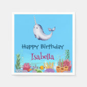 Schattigee Narwhal Fish Eenhoorn Whale zee Verjaar Servet (Voorkant)