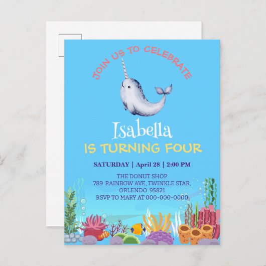 Schattigee Narwhal Fish Eenhoorn Whale zee Verjaar Uitnodiging Briefkaart (Voorkant / Achterkant)