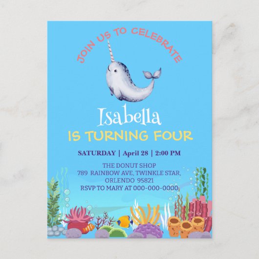 Schattigee Narwhal Fish Eenhoorn Whale zee Verjaar Uitnodiging Briefkaart (Voorkant)