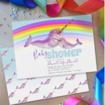 Schattigee Narwhal regenboog baby douche uitnodigi