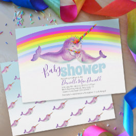 Schattigee Narwhal regenboog baby douche uitnodigi Kaart