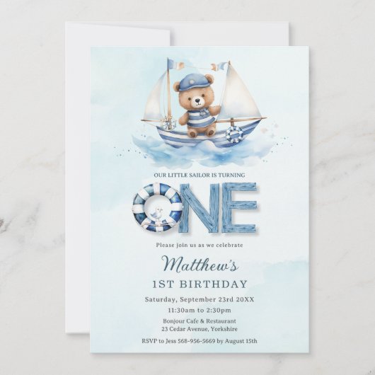 Schattigee nautische blauwe boot teddybeer 1e verj kaart (Voorkant)