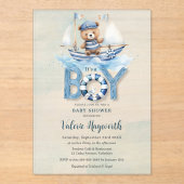 Schattigee nautische blauwe boot teddybeer jongen  acryl uitnodigingen (Voorkant)
