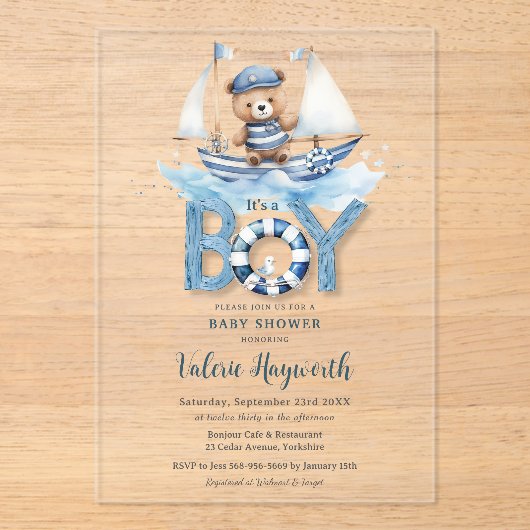 Schattigee nautische blauwe boot teddybeer jongen  acryl uitnodigingen (Voorkant)