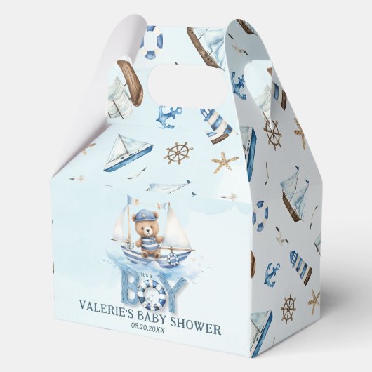 Schattigee nautische blauwe boot teddybeer jongen bedankdoosjes (Voorkant)